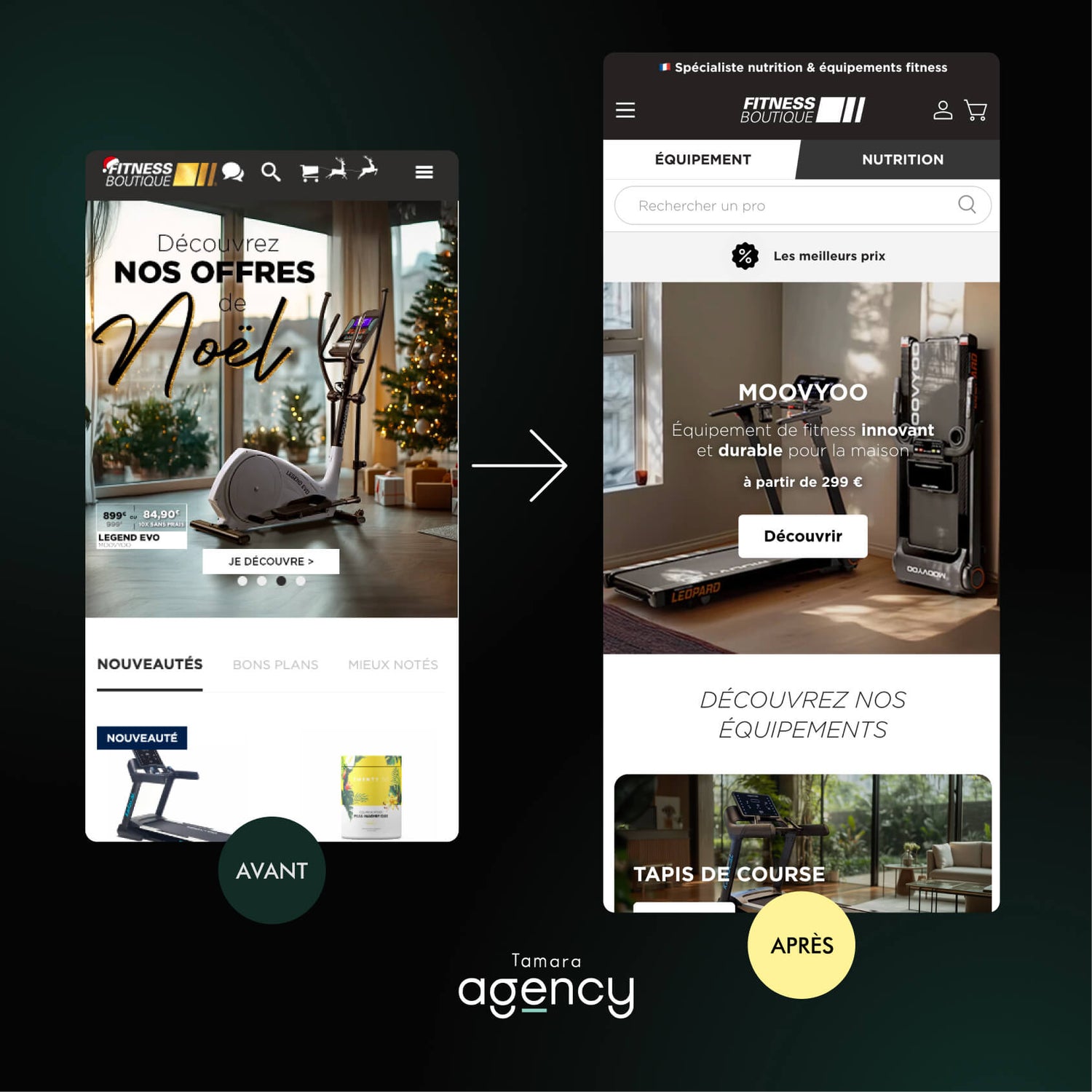 Page d'accueil avant de Fitness Boutique et après refonte UX/UI