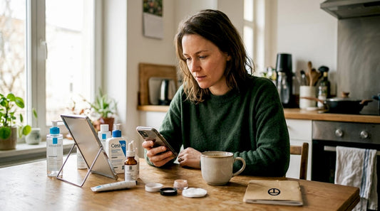 Dans sa cuisine, une femme parcourt des conseils beauté et découvre de nouveaux produits sur son téléphone.