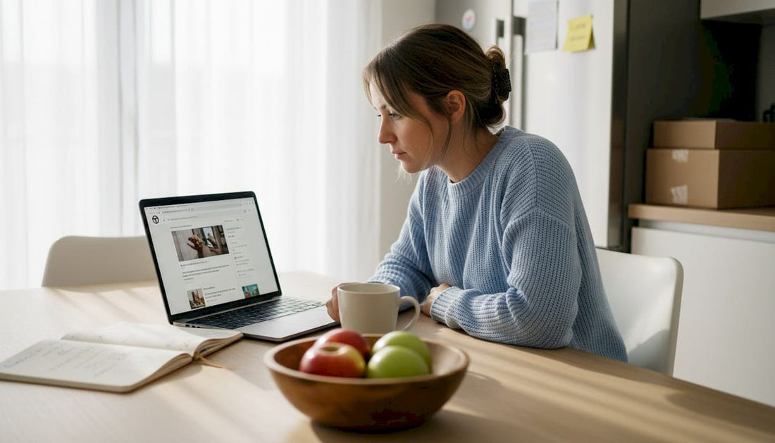 Assise à sa table de cuisine, une femme peaufine sa boutique en ligne sur Shopify, entre une tasse de café et quelques notes sur son ordinateur.