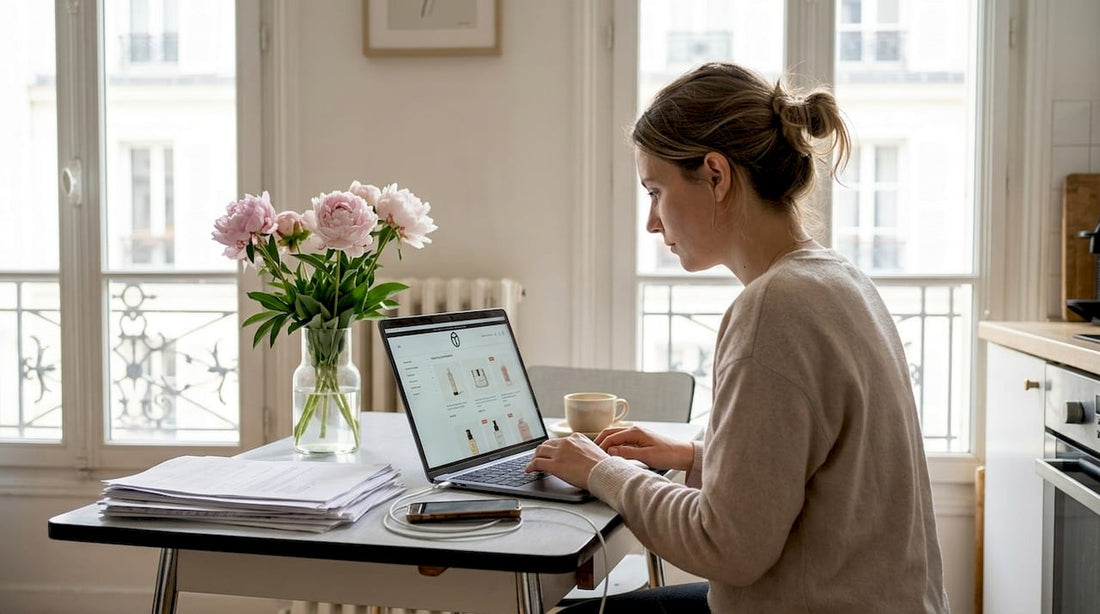 Une femme consulte un site de vente en ligne de produits de beauté sur son ordinateur portable.