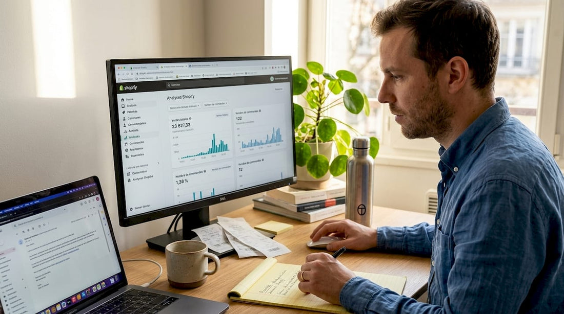 Un homme analyse les statistiques de navigation sur sa boutique Shopify pour mieux comprendre le comportement des visiteurs.