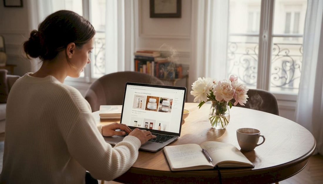 Une femme gère sa boutique en ligne Shopify depuis la table de sa salle à manger.