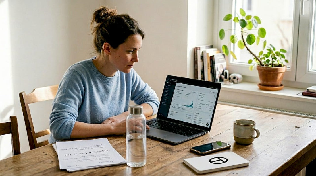 Une femme analyse les statistiques de sa boutique Shopify sur son ordinateur portable.