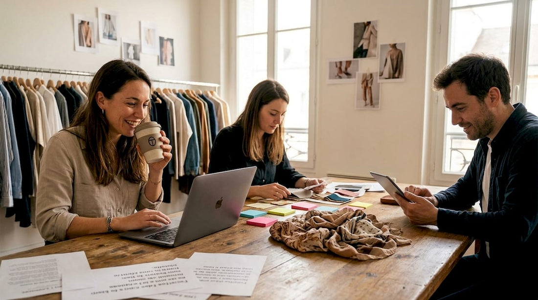 L’équipe e-commerce mode en pleine séance de brainstorming autour de la table de travail.