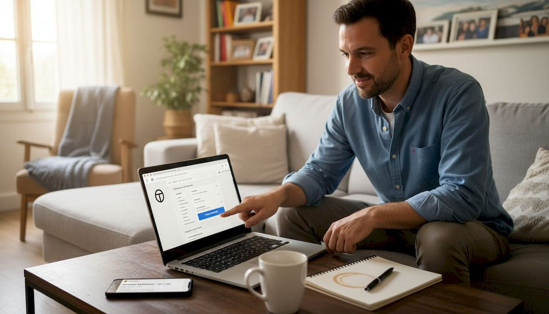 Un homme effectue tranquillement un achat sur Shopify depuis chez lui.