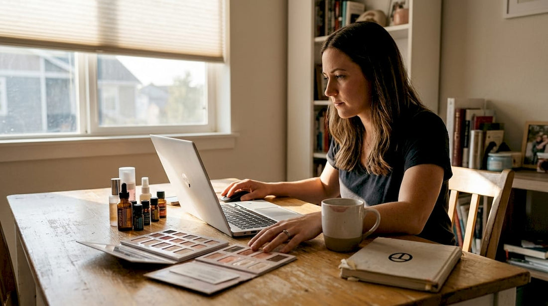 Créatrice d’une marque beauté sur Shopify, en pleine session de travail au bureau