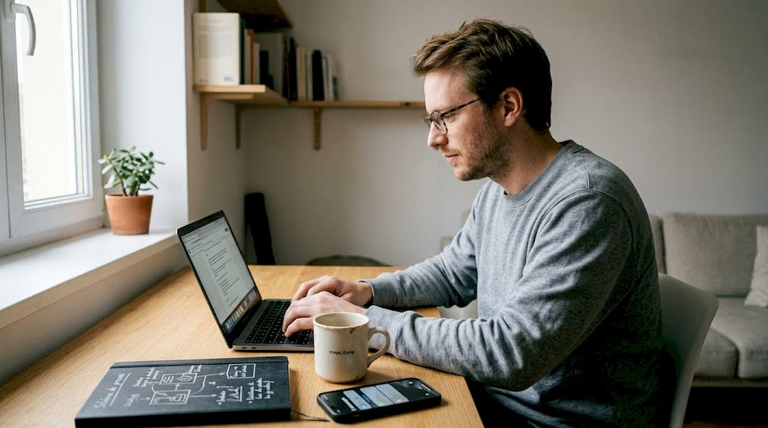 Un homme travaille sur l’expérience utilisateur d’une boutique Shopify depuis son bureau à la maison.