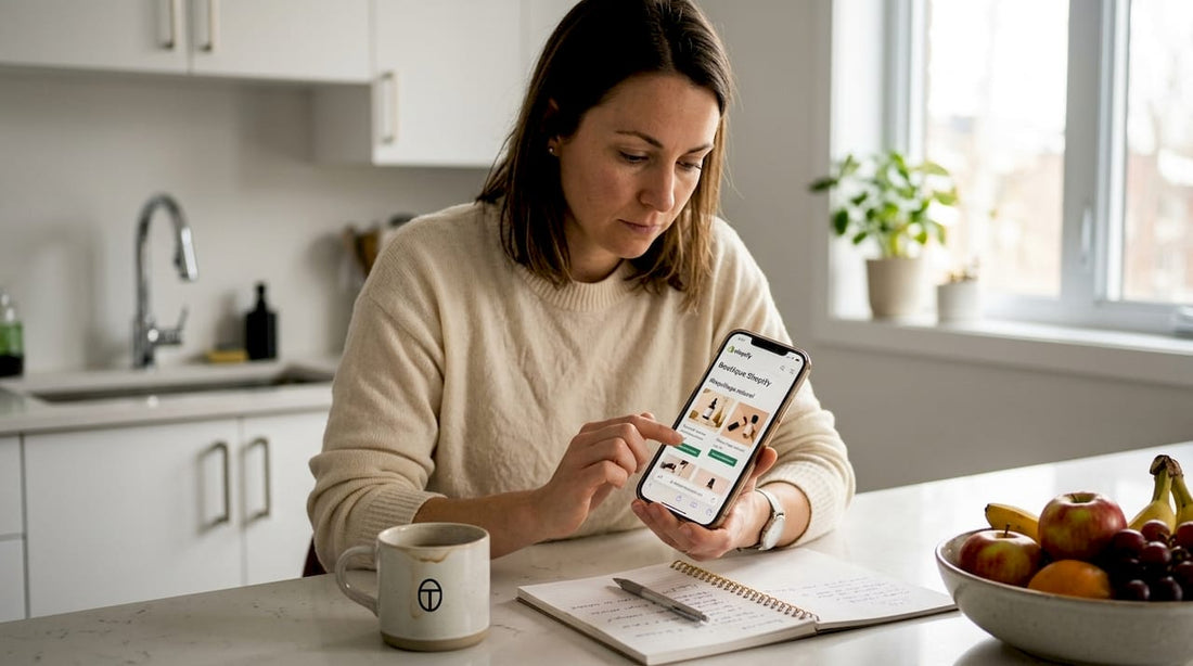 Une femme parcourt les nouveautés d'une boutique de cosmétiques sur son smartphone.