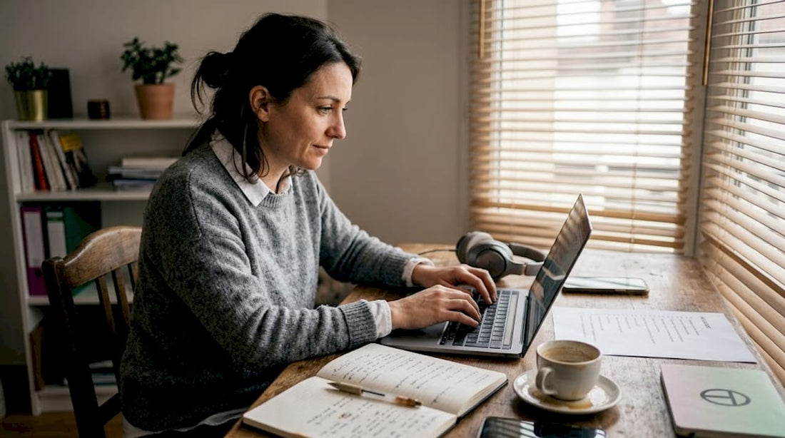 Une femme en plein travail sur la migration d’un site vers Shopify, installée à son bureau.