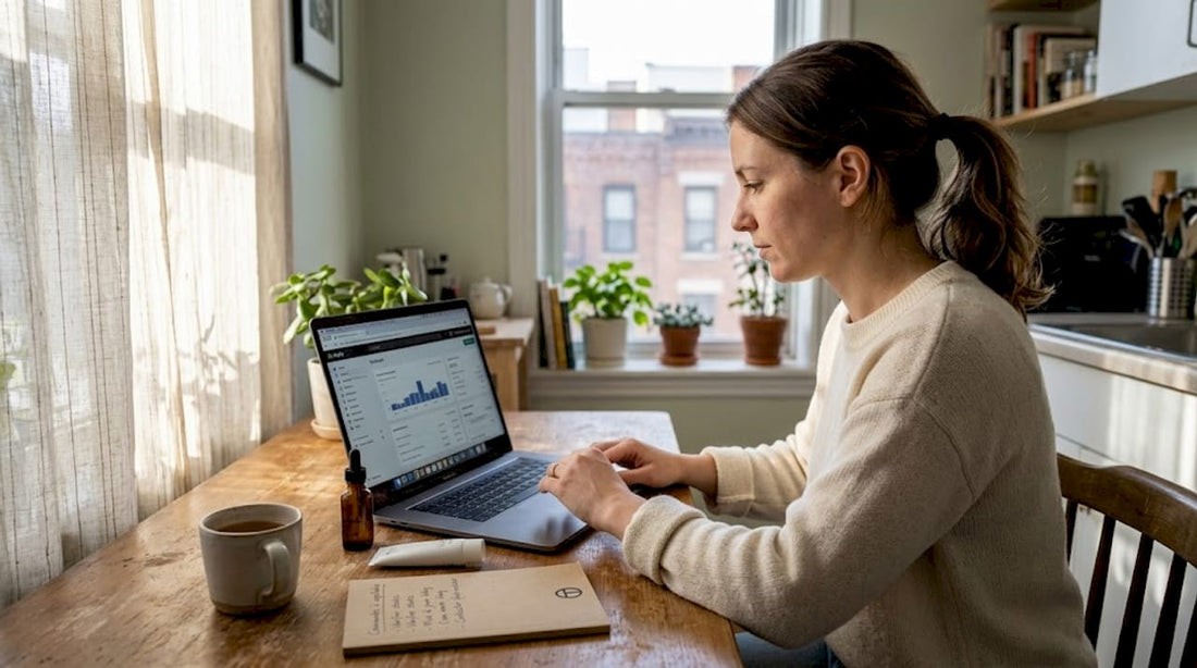 Une femme analyse les tendances du e-commerce beauté sur son ordinateur portable.