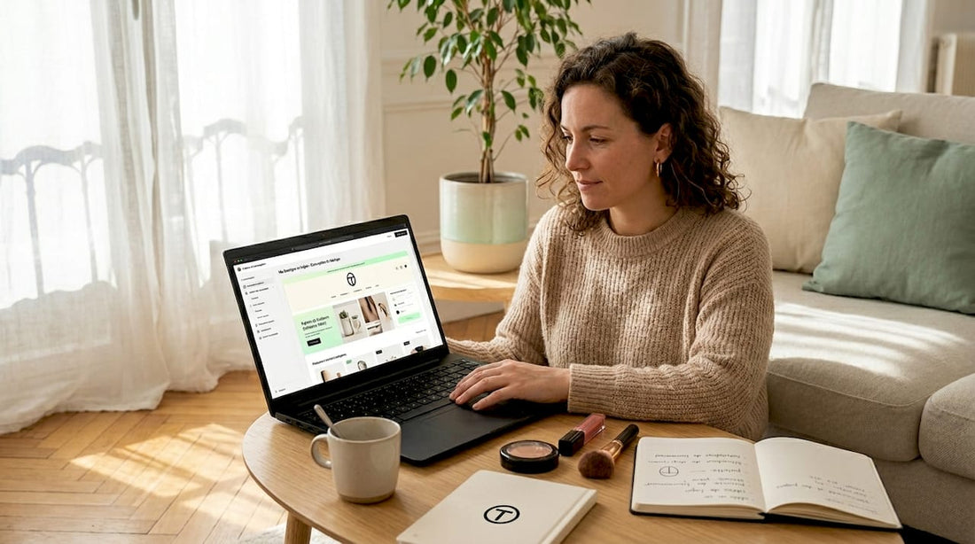 Une entrepreneure lance sa boutique de cosmétiques en ligne depuis son ordinateur.