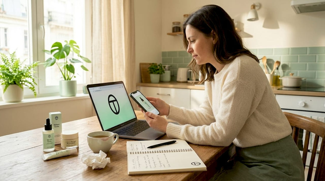 Assise à sa table de cuisine, une femme parcourt les dernières nouveautés et conseils beauté proposés par sa boutique préférée.