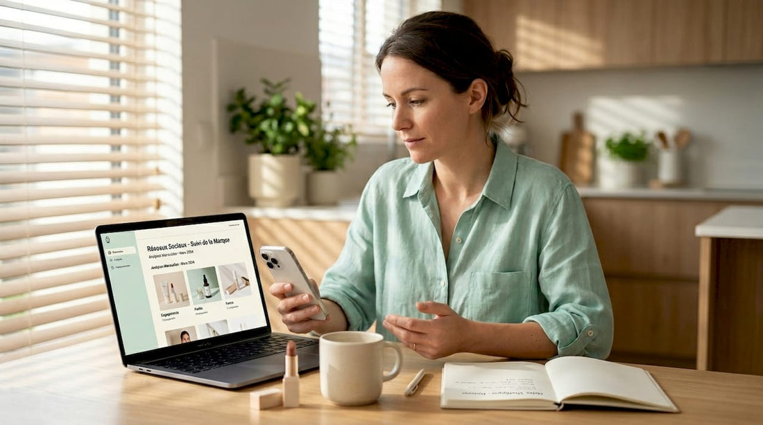 Depuis son bureau à la maison, la responsable de marque beauté consulte les réseaux sociaux pour suivre les dernières tendances et interagir avec la communauté.