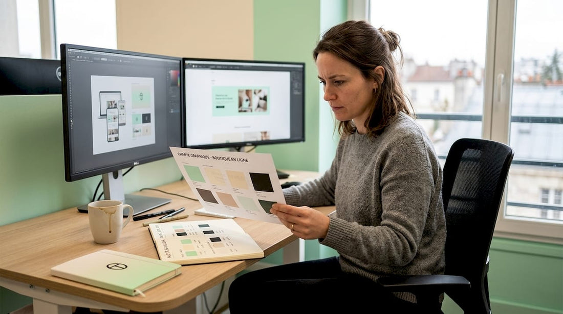 Une femme analyse la charte graphique d’un site e-commerce