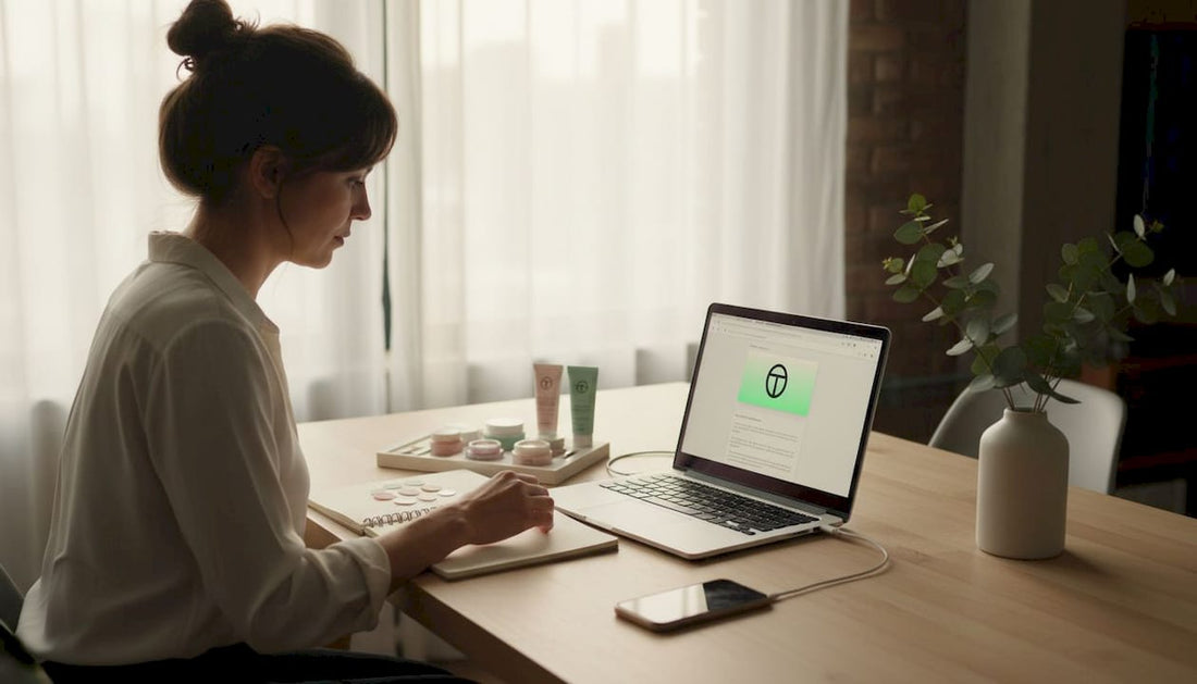 Une femme travaille sur la mise à jour de sa boutique beauté Shopify, installée à son bureau à la maison.