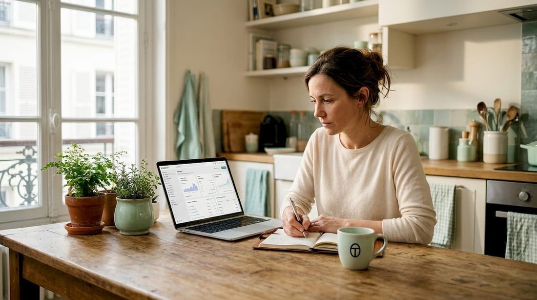 Une femme analyse le rapport d’audit de sa boutique Shopify sur son ordinateur portable.