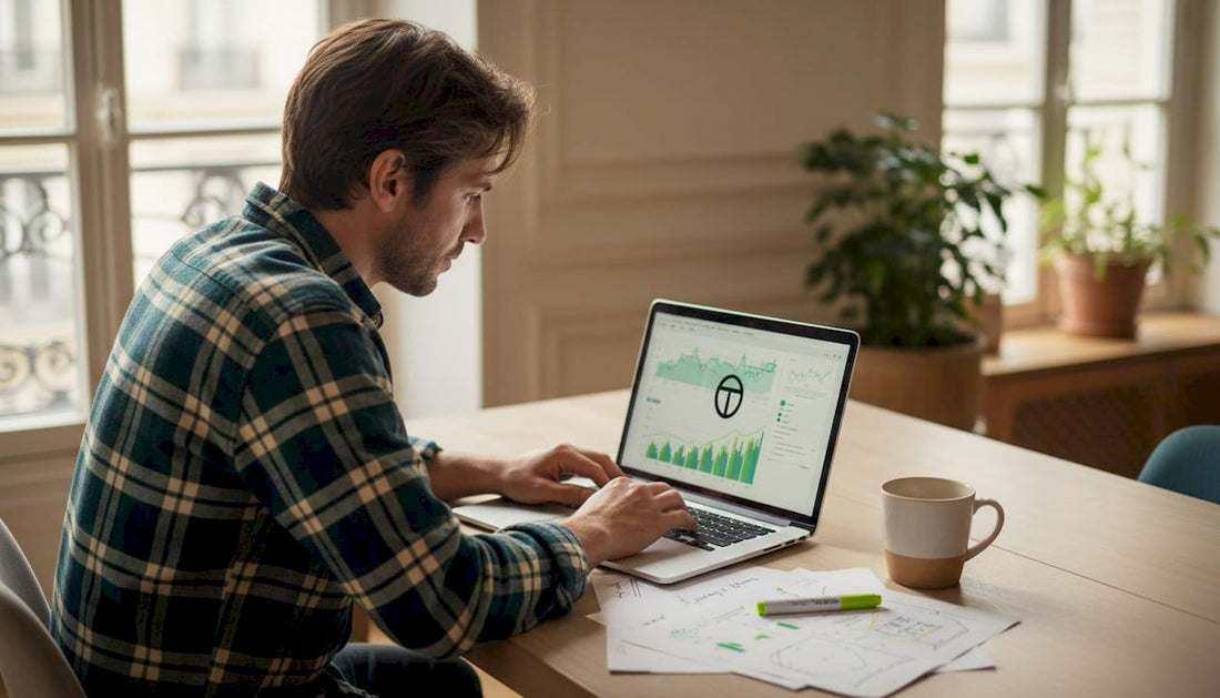 Un entrepreneur consulte les statistiques de sa boutique en ligne sur son ordinateur portable.