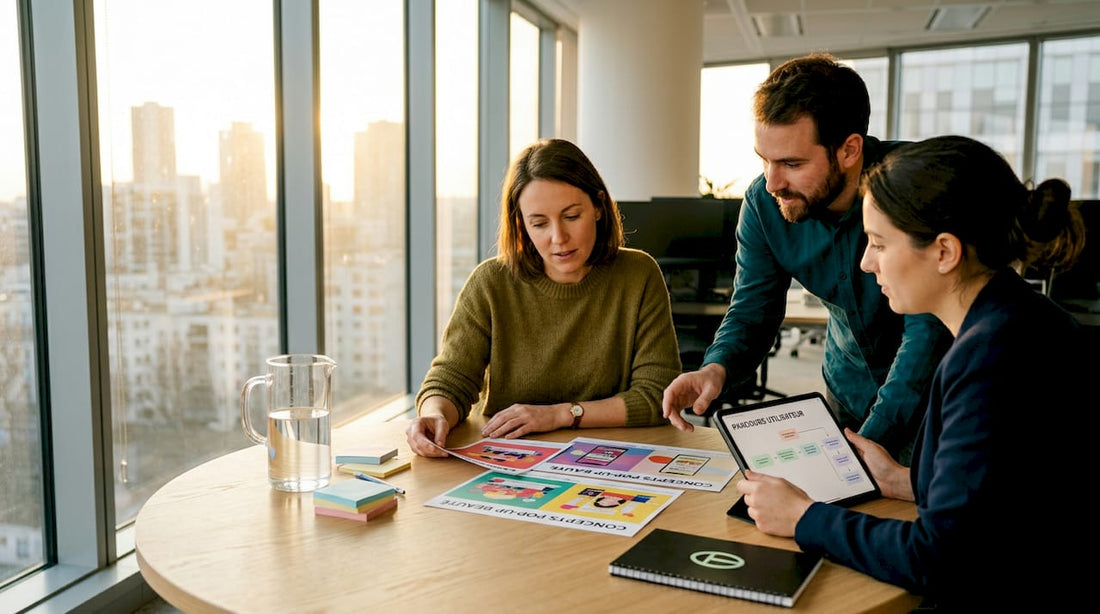 L’équipe marketing échange autour des prototypes pour le futur pop-up beauté.