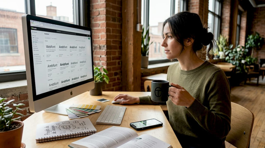 Une créatrice de sites e-commerce en pleine expérimentation de polices d’écriture sur son ordinateur.