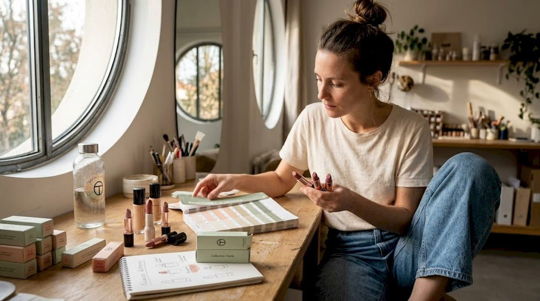 Un designer passe en revue différentes propositions de branding pour une marque de cosmétiques, en analysant chaque échantillon pour en évaluer l’impact visuel et l’identité.