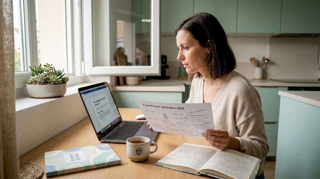 Une femme travaille depuis chez elle à la rédaction de fiches produits pour un site e-commerce.