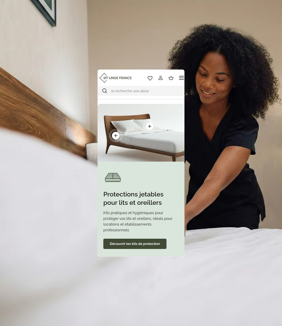 Page d'accueil mobile Kit Linge France, « Protections jetables pour lits et oreillers », sur fond de femme faisant un lit d'hôtel