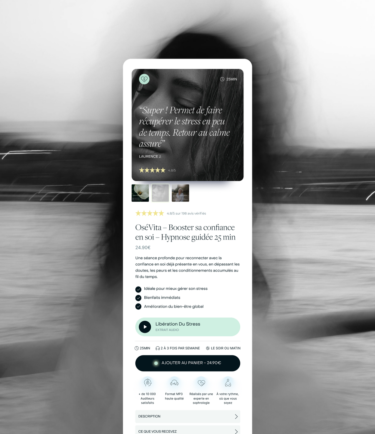 Fiche produit mobile OséVita, Booster sa confiance en soi, hypnose guidée 25 min à 24,00 €, avec avis client et bouton d'ajout au panier