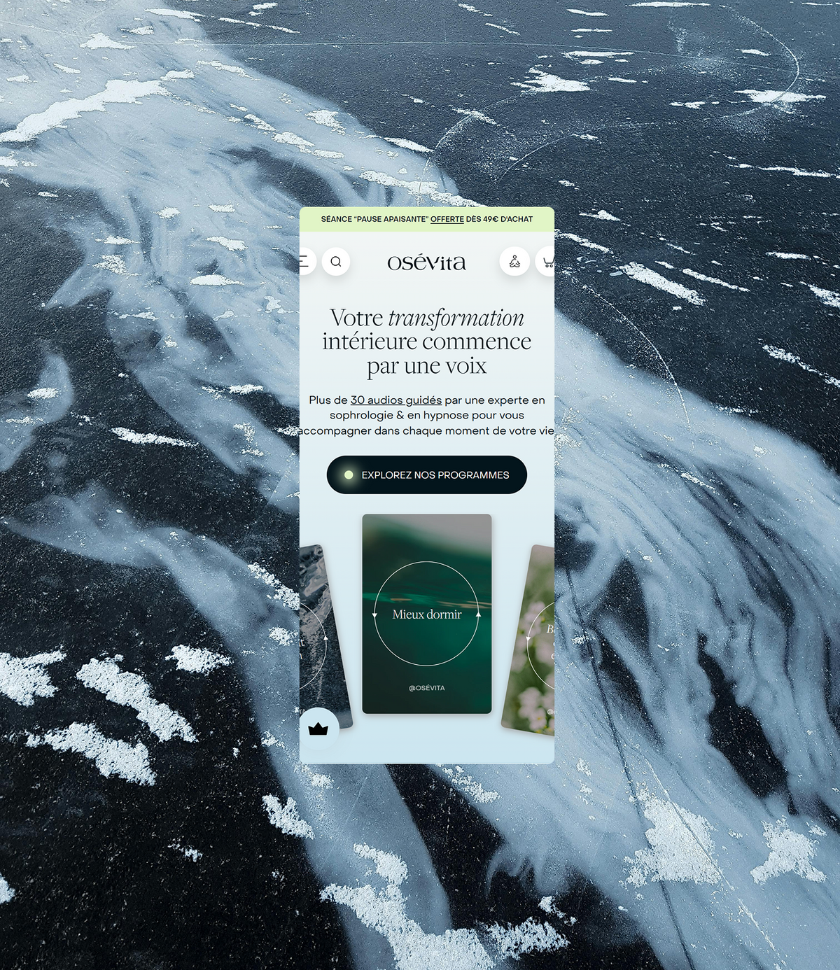 Page d'accueil mobile OséVita « Votre transformation intérieure commence par une voix », 30 audios guidés, bouton Explorez nos programmes