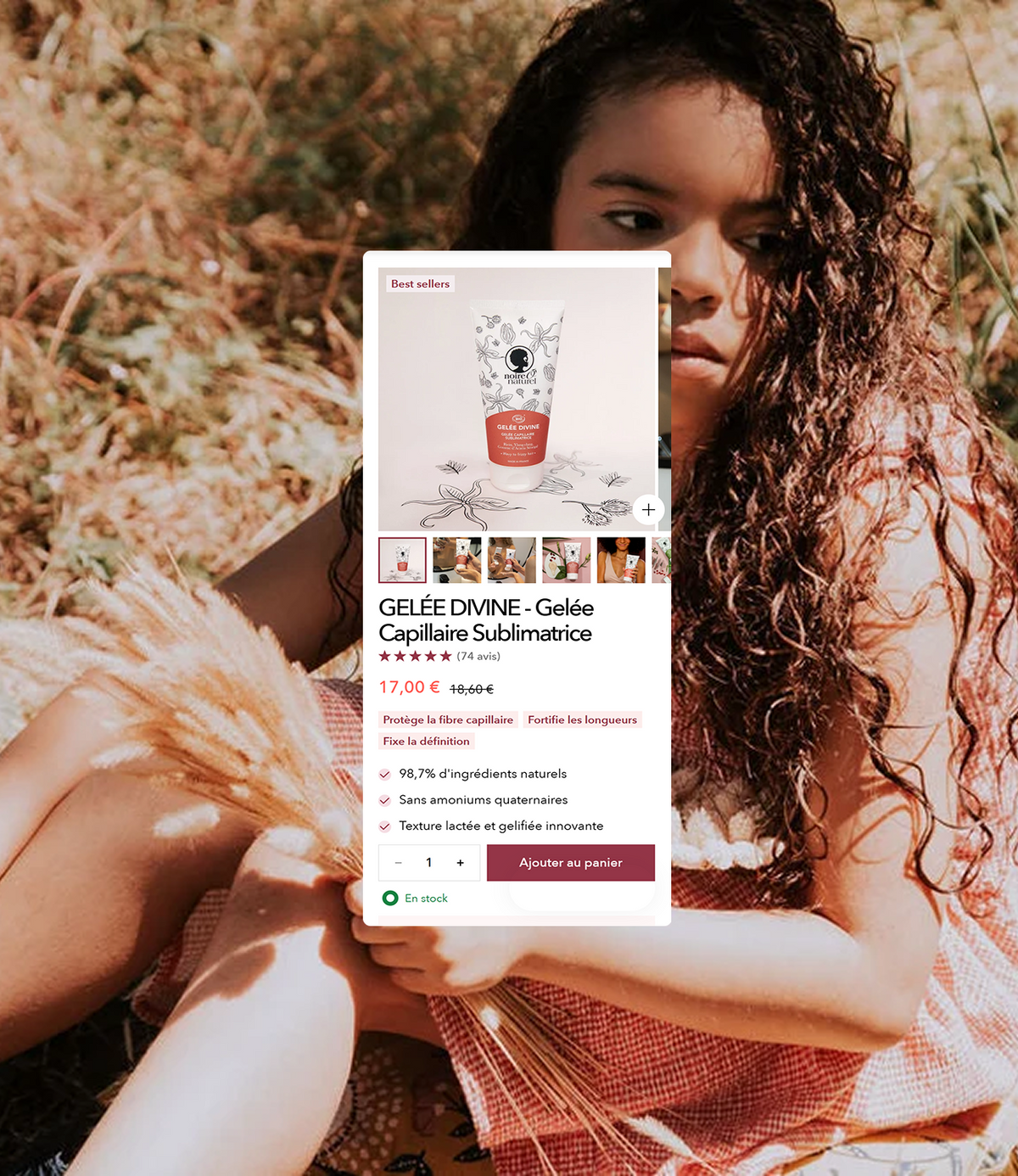 Fiche produit mobile Noire O Naturel, Gelée Divine, gelée capillaire sublimatrice à 17,00 €, 74 avis, sur fond de jeune fille bouclée