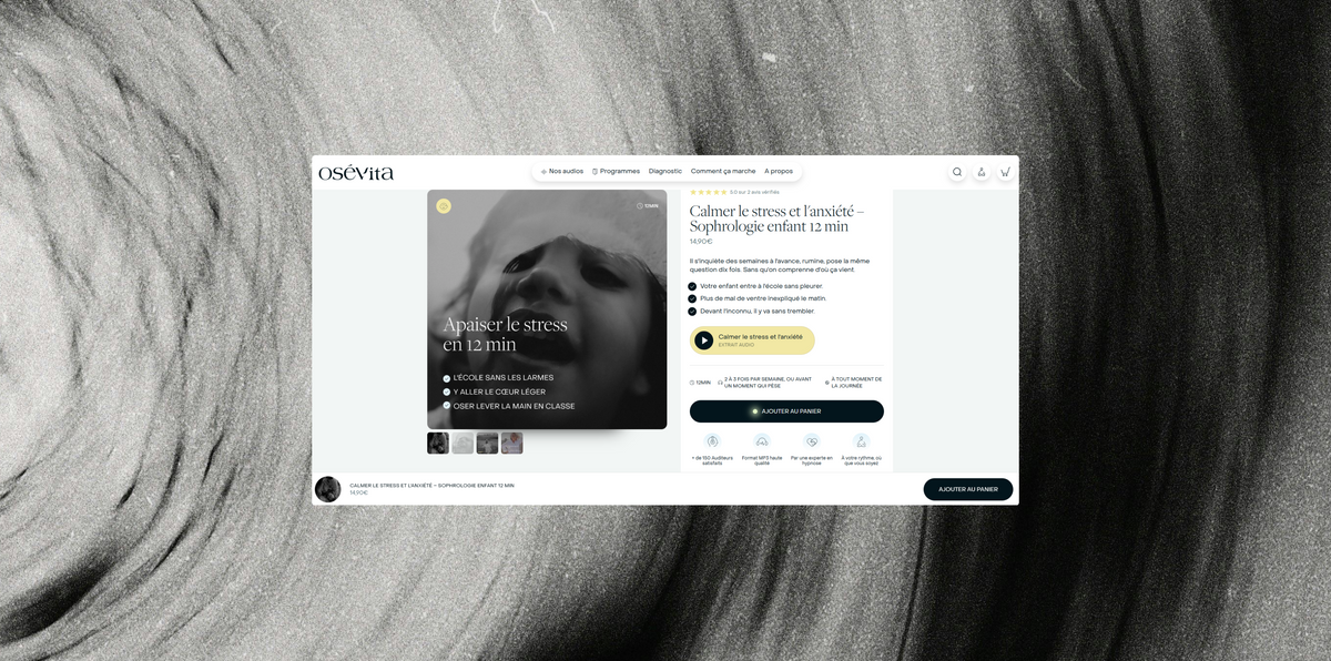 Fiche produit OséVita sur ordinateur, « Calmer le stress et l'anxiété, sophrologie enfant 12 min », avec visuel « Apaiser le stress »